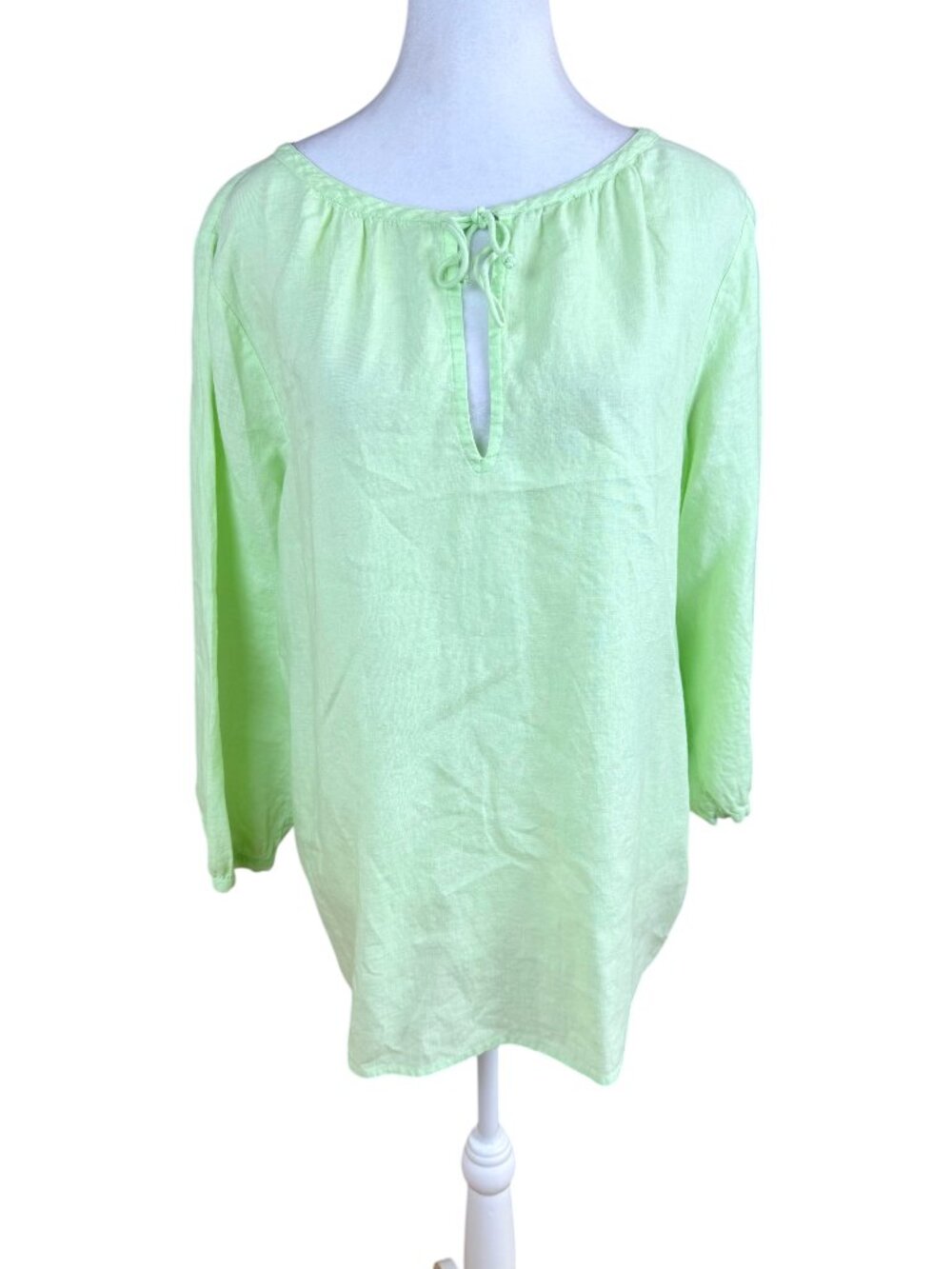 Eileen Fisher Irish Linen Top Long Sleeve Tie Front Green (L)